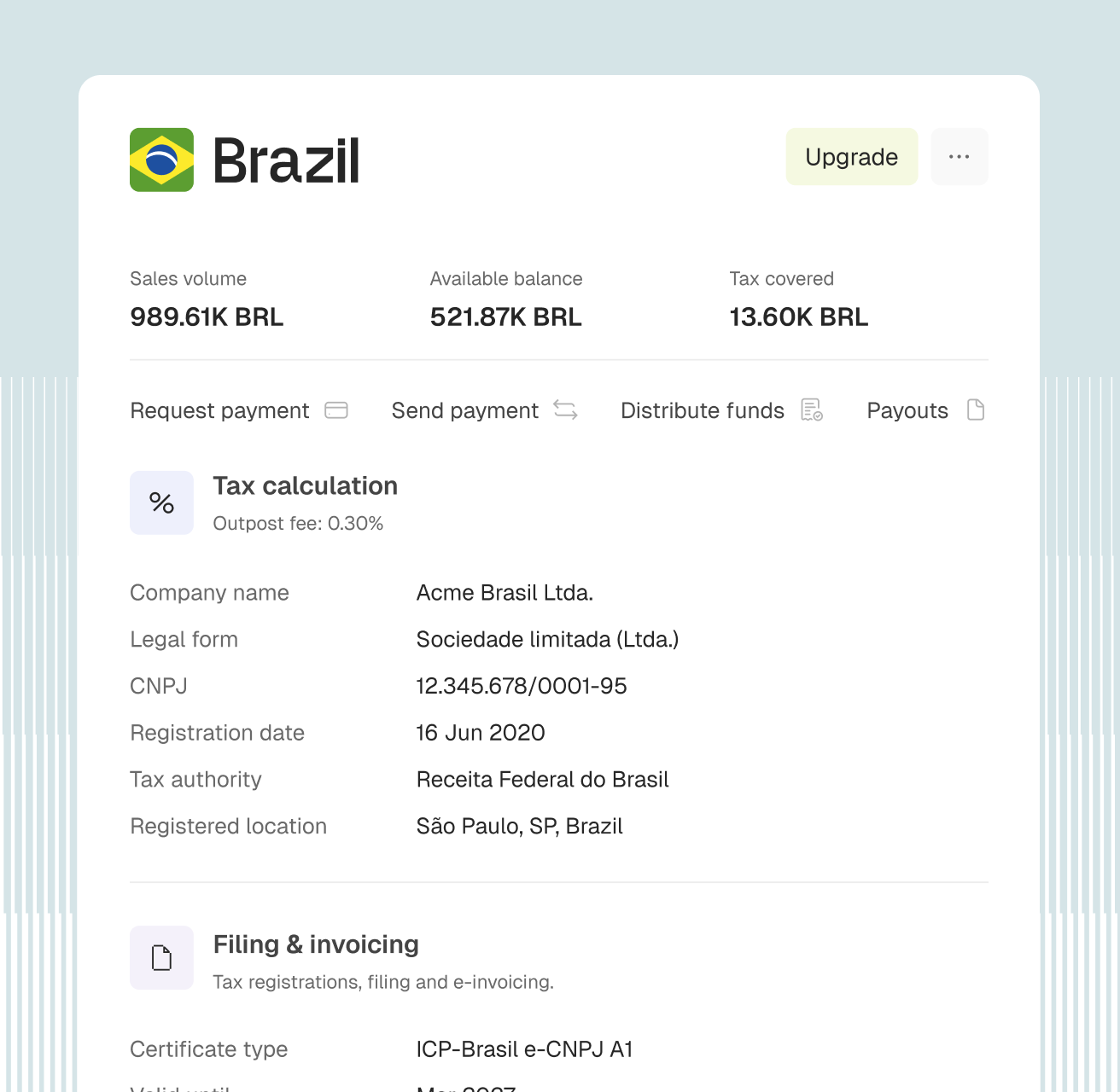 Brazil account with sales volume, balance, tax covered and the local company details